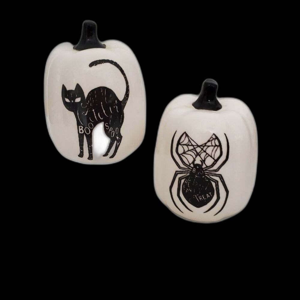 Two White Halloween-Themed Pumpking Decorations-Ceramic